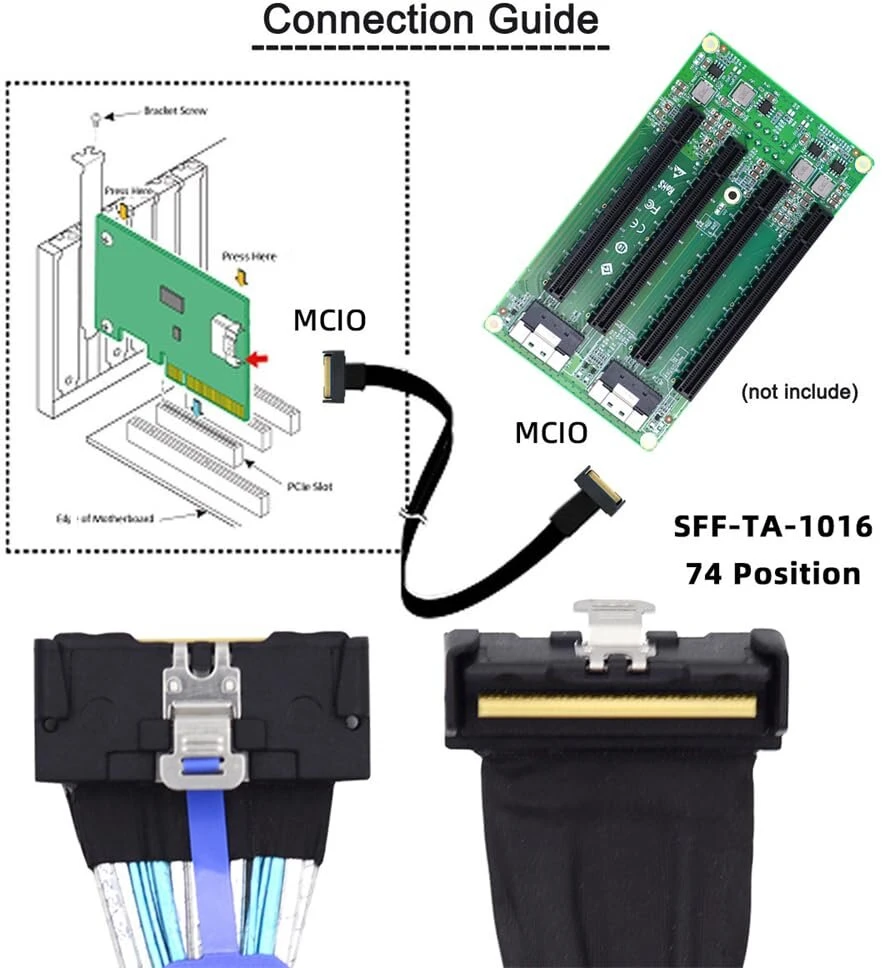 Cablecc mini cool edge io mcio kampu pci-e 5.0 pci-e slimline sas 8i 74 kontaktų jungtis į 74 kontaktų mcio jungtį, 35 cm