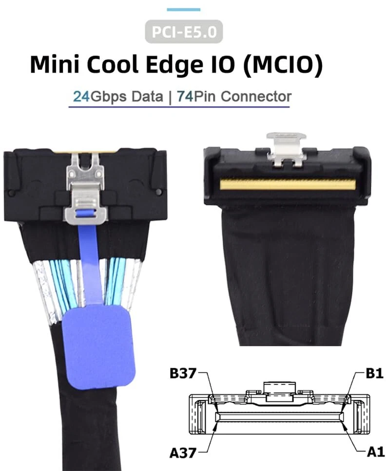 Cablecc mini cool edge io mcio kampu pci-e 5.0 pci-e slimline sas 8i 74 kontaktų jungtis į 74 kontaktų mcio jungtį, 35 cm