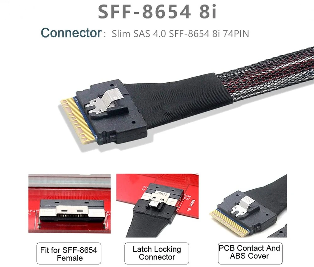 Cablecc Pci-e Slimline Sas 4.0 Sff-8654 8i 74pin Host to Sff-8654 74pin Slim Sas Target Cable 50 cm