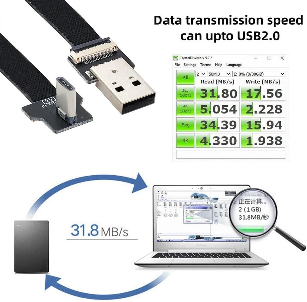 Cablecc stačiakampis usb 2.0 type a male į usb c type c male plokščias fpc kabelis fpv, diskams ir telefonams, 20cm