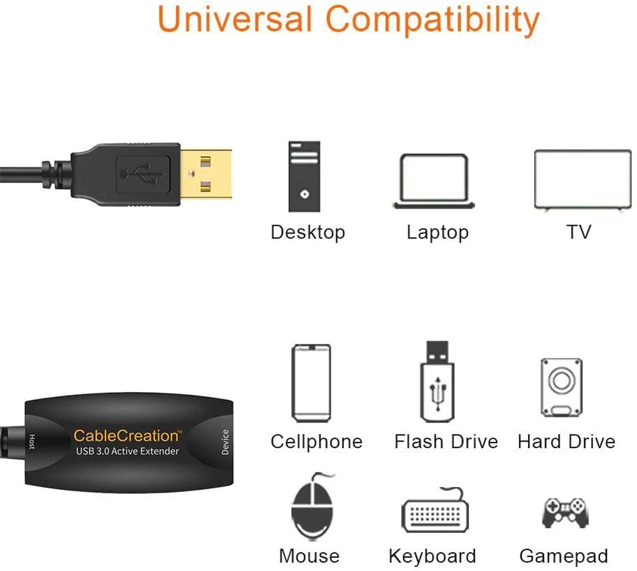 Cablecreation Gold (ilgas 16 pėdų) itin spartus Usb 2.0 aktyvusis ilgintuvas, Usb 2.0 ilgiklis Usb A-male į A-female kabelis, 5 m/16 pėdų, juodas