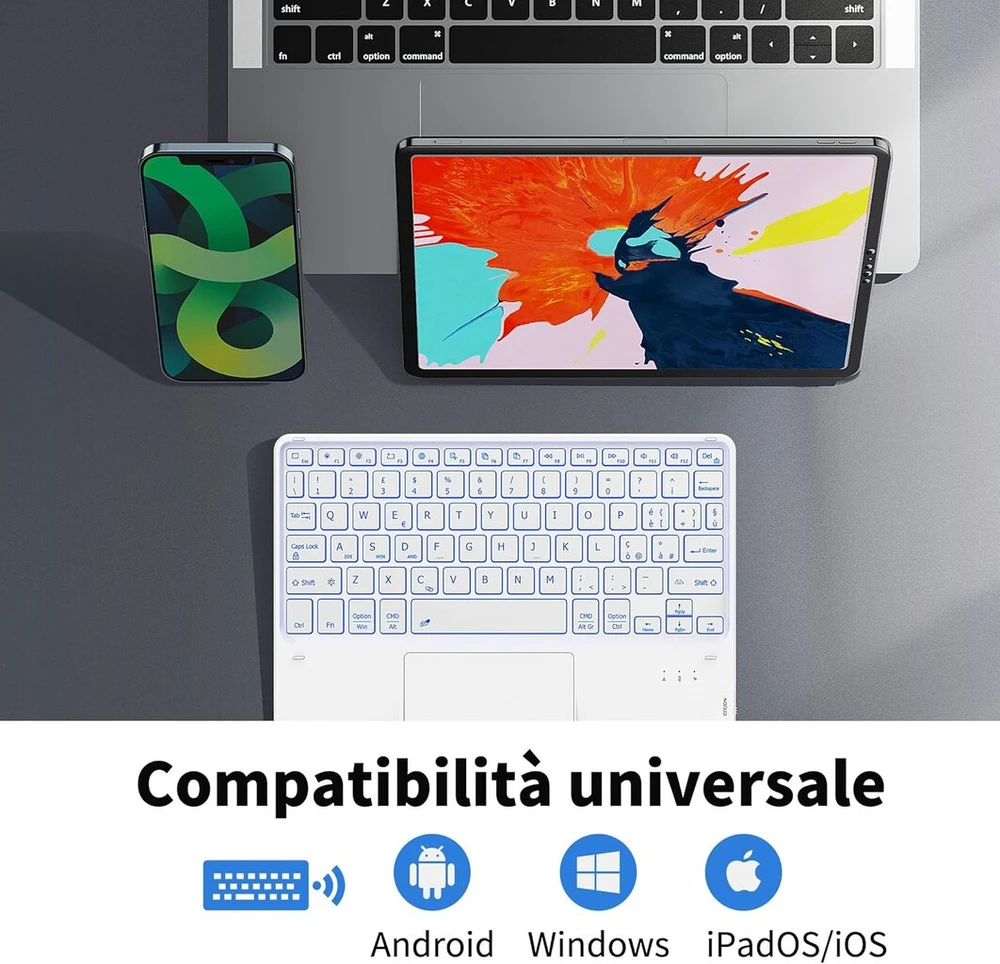 Cacoe bluetooth klaviatūra su jutikliniu kilimėliu, [italų klaviatūra] belaidė su 7 spalvų apšvietimu, suderinama su ios, android planšetėmis, windows 10 colių, balta