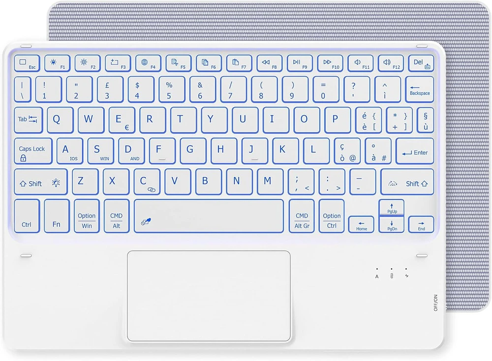Cacoe bluetooth klaviatūra su jutikliniu kilimėliu, [italų klaviatūra] belaidė su 7 spalvų apšvietimu, suderinama su ios, android planšetėmis, windows 10 colių, balta