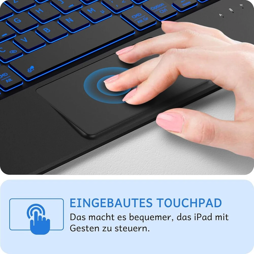 Cacoe dėklas su klaviatūra, skirtas ipad 11 (a16) / 10 kartos (11 colių / 10,9 colio) 2025/2022 su jutikliniu kilimėliu, 7 spalvų apšvietimu, nuimama belaide klaviatūra, tamsiai mėlyna