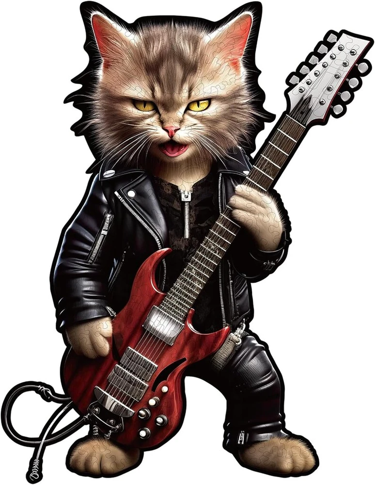 Dėlionė Cadeaujoie Rock Cat medinis galvosūkis suaugusiems, medinis galvosūkis suaugusiems, medinis galvosūkis su netaisyklingos unikalios formos detalėmis, medinis galvosūkis su medine dovanų dėžute
