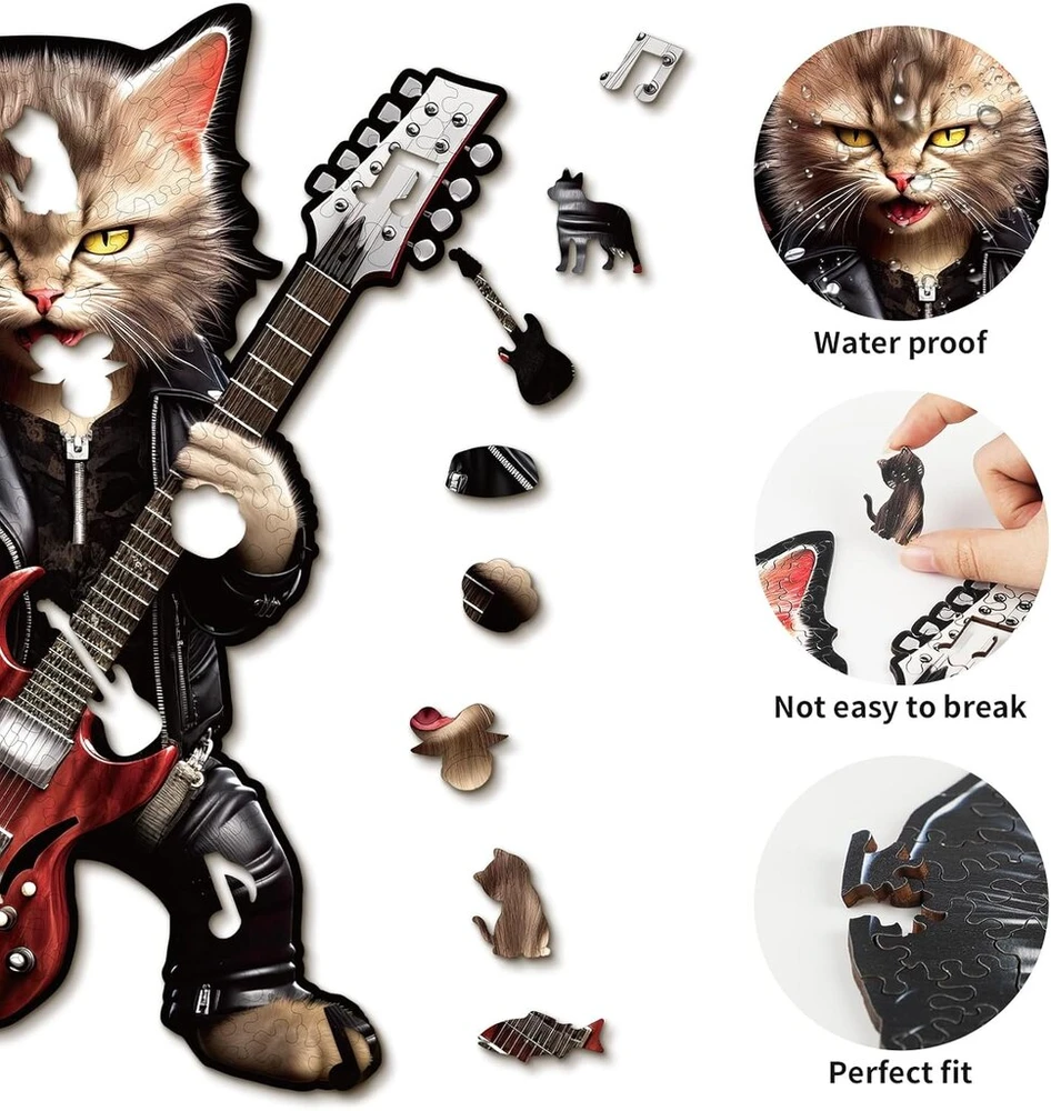 Dėlionė Cadeaujoie Rock Cat medinis galvosūkis suaugusiems, medinis galvosūkis suaugusiems, medinis galvosūkis su netaisyklingos unikalios formos detalėmis, medinis galvosūkis su medine dovanų dėžute