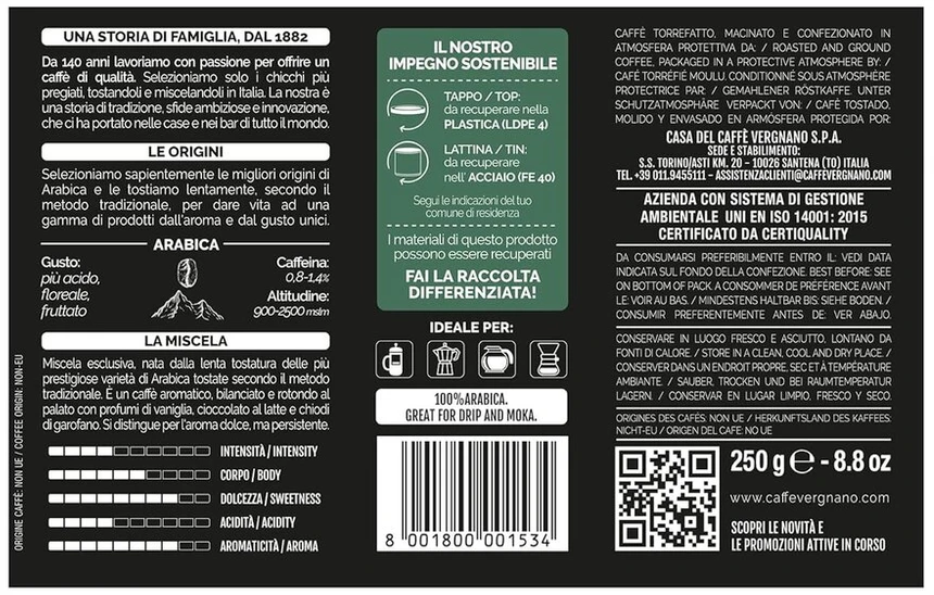Kavamalė Caffè Vergnano 1882 kava skardinė 100% Arabica malta Mocha - 250 g pakuotė