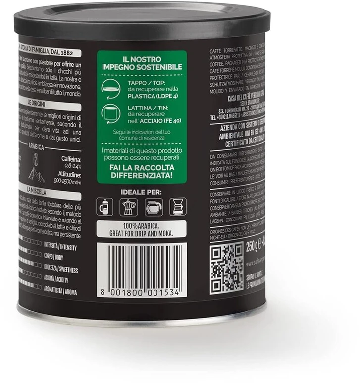 Kavamalė Caffè Vergnano 1882 kava skardinė 100% Arabica malta Mocha - 250 g pakuotė