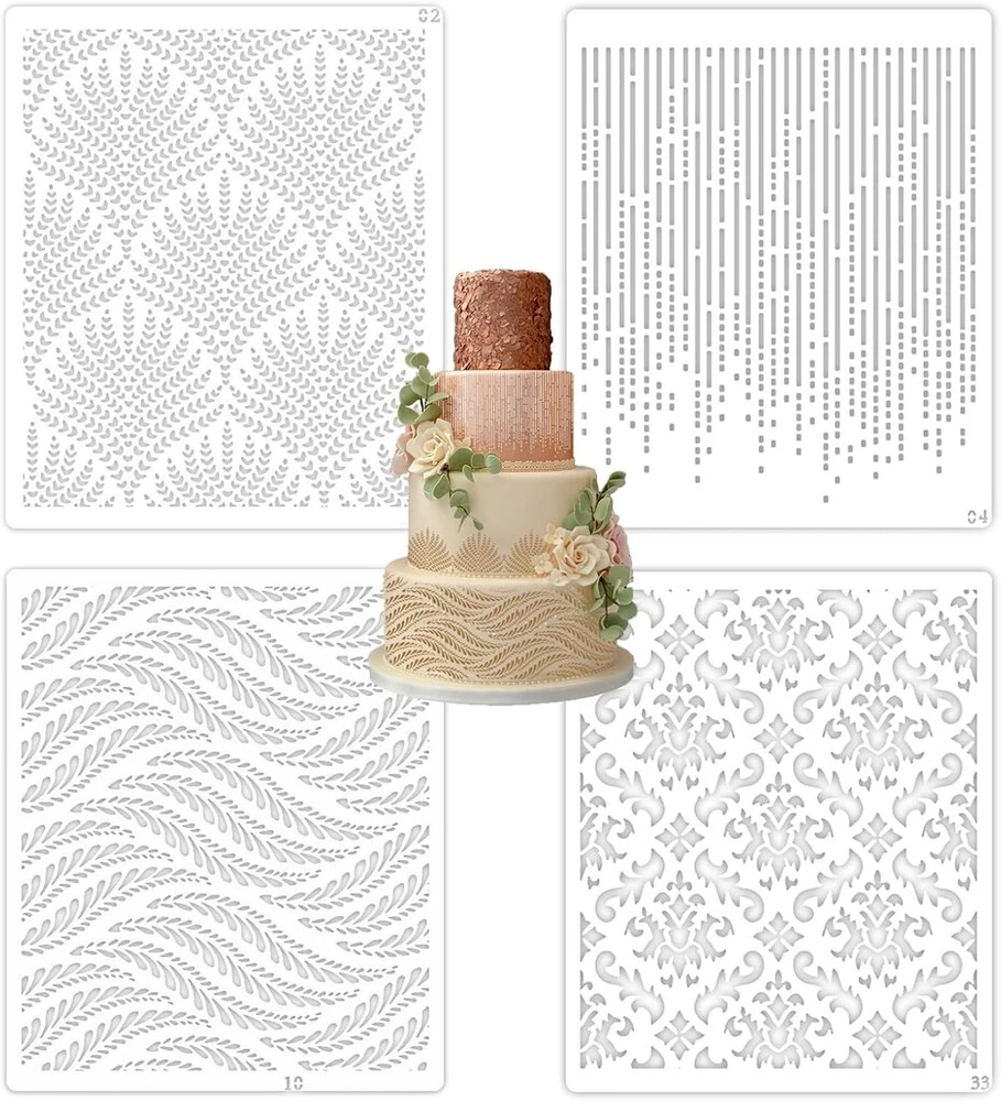 Cake Stencil, buttercream, 4 gražių ir daugkartinių tortų trafaretų rinkinys, tortų trafaretai, plastikiniai reljefiniai trafaretai tortų dekoravimui, dekoravimas