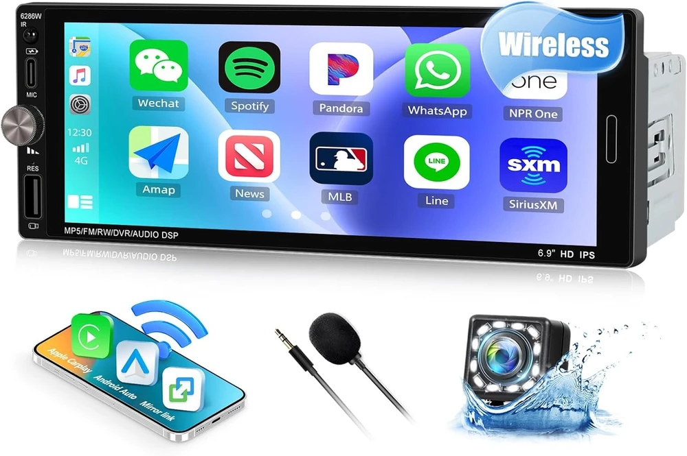 Automagnetola Camecho 1din automobilio radijas 6.9" Ips lietimui jautrus ekranas, Carplay, Android Auto