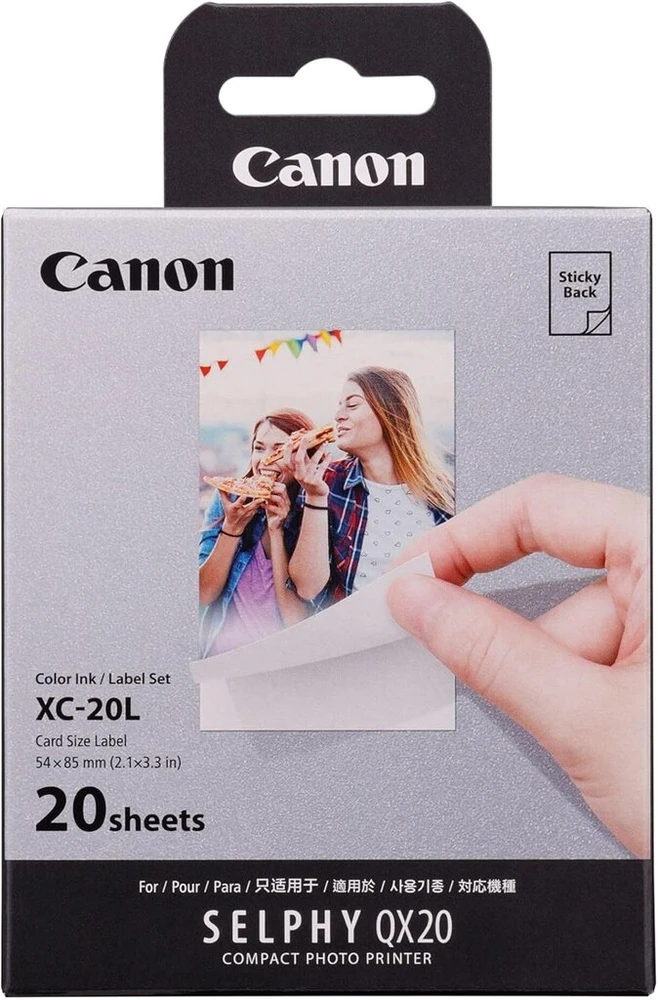 Canon Xc-20l originalus rašalo kasetės / popieriaus rinkinys, 20 lapų, kreditinės kortelės dydis 5,4 x 8,5 cm, skirtas Canon Selphy Qx20 foto spausdintuvams (lipnus, lipdukas, lipdukas, lipnus pagrindas, termosublimacija)