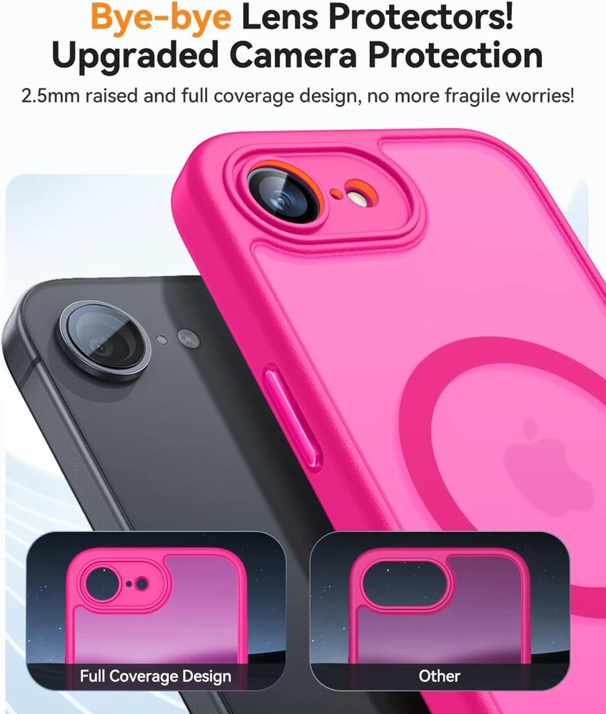 Canshn dėklas, skirtas iphone 16e su kameros apsauga, skirtas magsafe (aukščiausia karinė apsauga ir magnetinė jėga), itin patvarus dėklas, skirtas iphone 16e, atsparus smūgiams, ryškiai rožinis