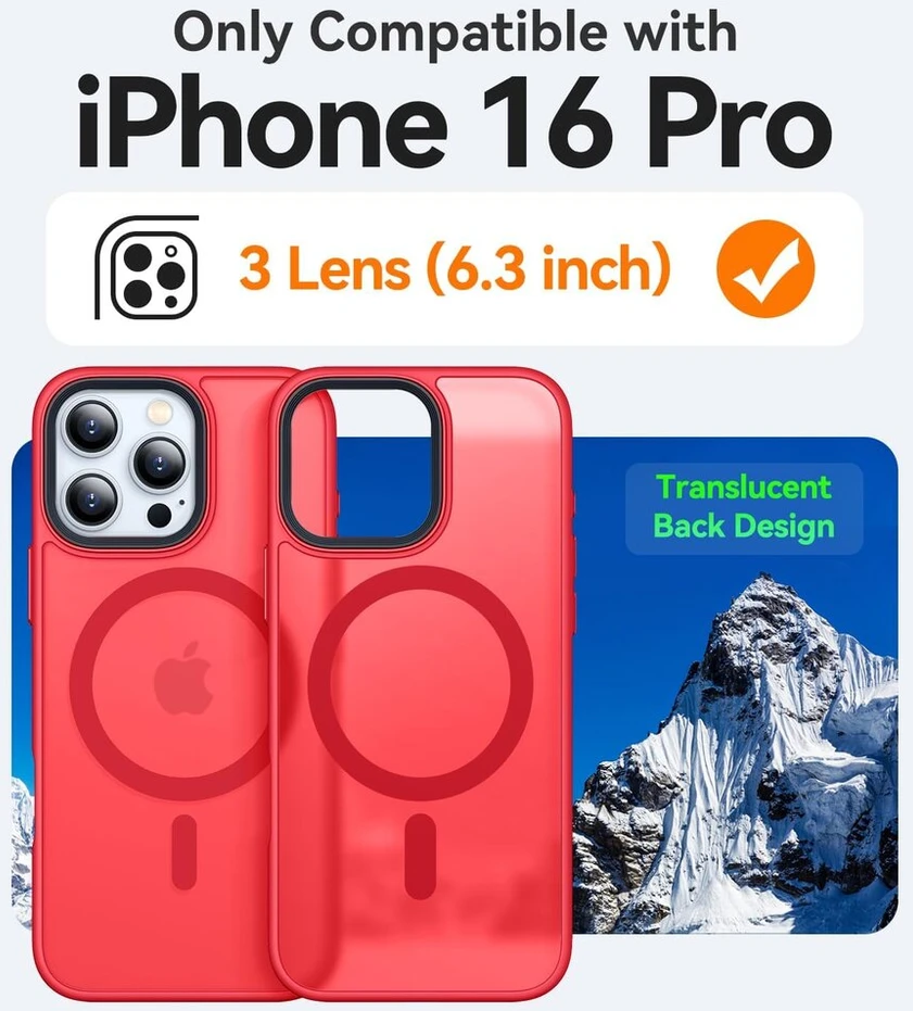 Canshn magnetinis dėklas, skirtas iphone 16 pro, su magsafe [aukščiausia magnetinė adsorbcija] [karinė apsauga] apsauginis dėklas velvet touch matt anti-scratch mobiliojo telefono dėklas iphone 16 pro dėklas, raudonas