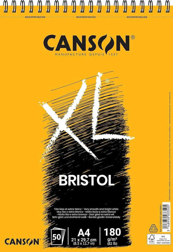 Canson Bristol Extra Baltas A4 popierius, 180gsm, 50 lapų, spiralė