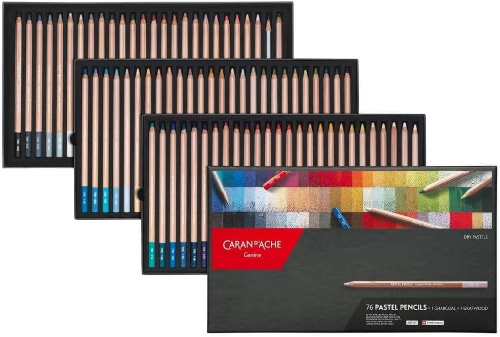 Caran D'ache Pastel 788376 spalvotų pieštukų rinkinys menininkams su 76 pieštukais, anglimi ir grafito pieštuku, didelė pigmento koncentracija, kreminis padengimas