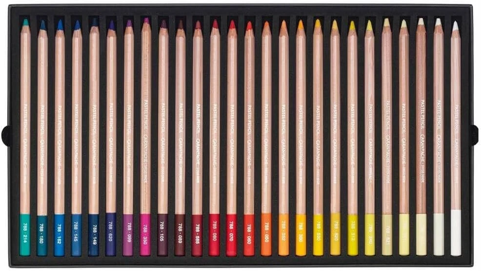 Caran D'ache Pastel 788376 spalvotų pieštukų rinkinys menininkams su 76 pieštukais, anglimi ir grafito pieštuku, didelė pigmento koncentracija, kreminis padengimas
