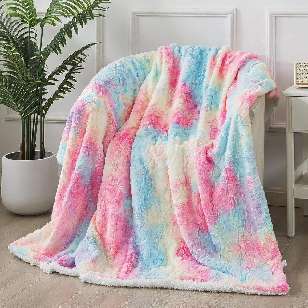 Caregchrisj dirbtinio kailio antklodė - Vaivorykštės spalvų Sherpa avies antklodė - Patogi prabangi pūkuota antklodė - Minkšta antklodė sofai ir lovai - 130 cm x 160 cm