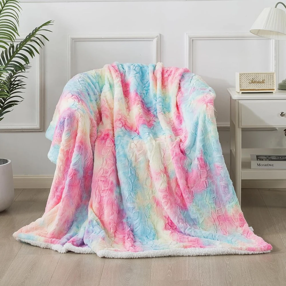 Caregchrisj dirbtinio kailio antklodė - Vaivorykštės spalvų Sherpa avies antklodė - Patogi prabangi pūkuota antklodė - Minkšta antklodė sofai ir lovai - 130 cm x 160 cm