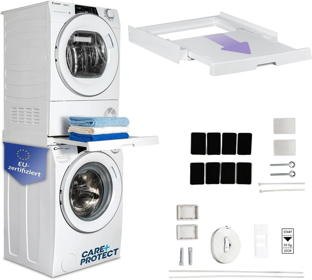 Care+protect universalus tarpinis rėmas su ištraukiama baze skalbimo mašinoms ir džiovyklėms, tinkamas prietaisams, kurių gylis 47–62 cm, vietą taupantis, baltas, kvadratinis priekis