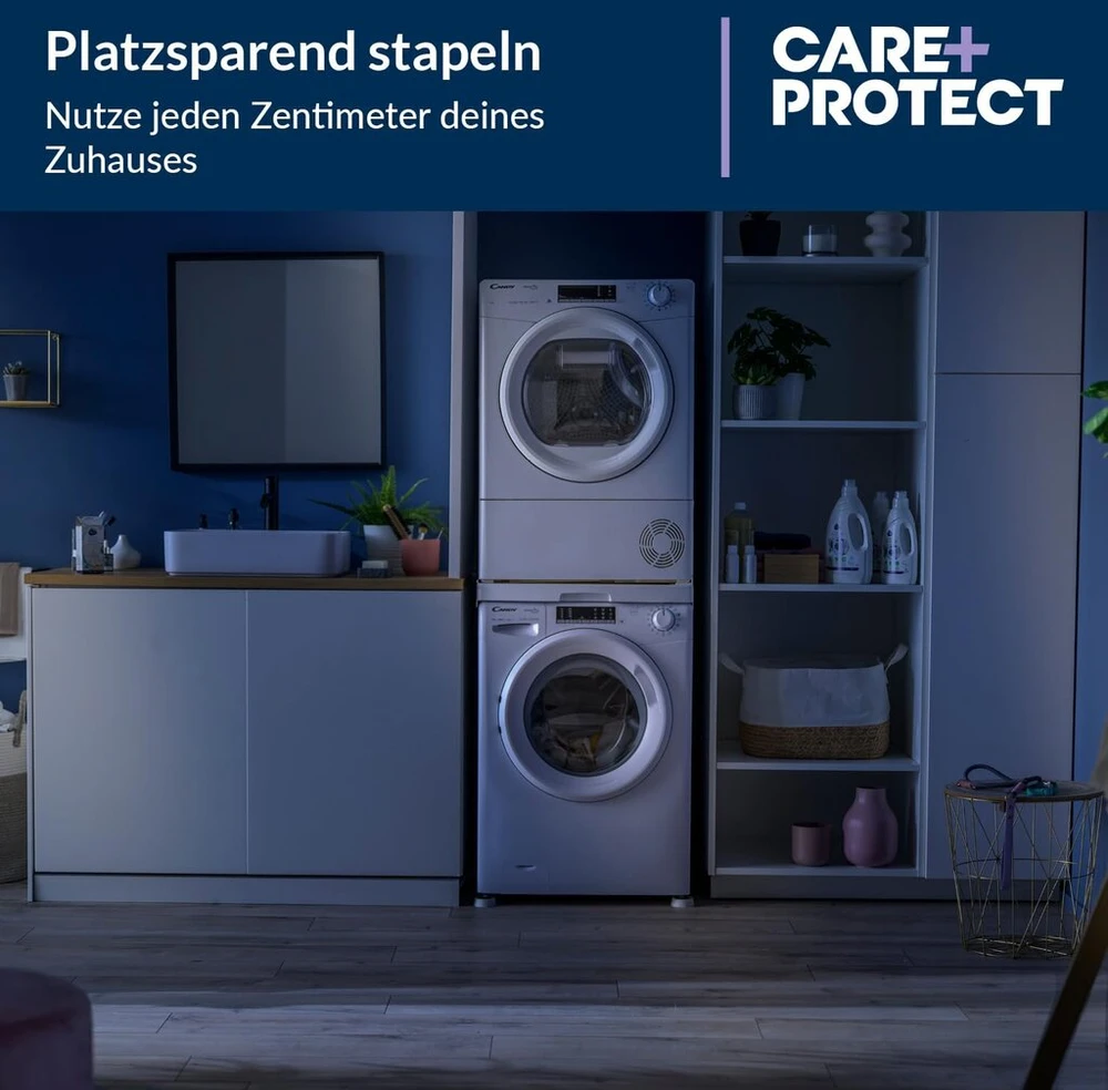 Care+protect universalus tarpinis rėmas su ištraukiama baze skalbimo mašinoms ir džiovyklėms, tinkamas prietaisams, kurių gylis 47–62 cm, vietą taupantis, baltas, kvadratinis priekis