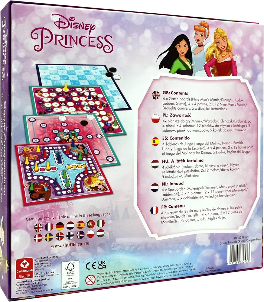 Cartamundi Disney Princess žaidimų rinkinys, mėgaukitės 4 stalo žaidimais, devynių vyrų malūnas, šaškės, ludo, kopėčių žaidimas, puiki dovana vaikams nuo 5 metų