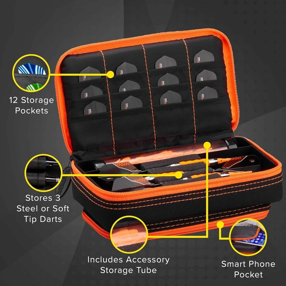 Casemaster Plazma Plus dėklas 3 strėlėms minkštiems ir plieniniams smiginiams su didele priekine kišene, integruotu laikymo vamzdeliu ir kišenėmis plunksnoms, antgaliams, koteliams ir asmeniniams daiktams