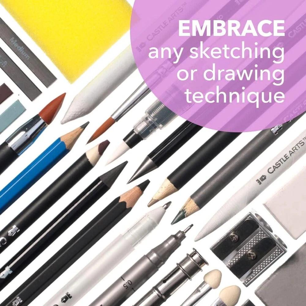 Castle Art Supplies 100 dalių piešimo eskizų rinkinys | Grafitas, anglis, pastelė, metaliniai vandenyje tirpūs pieštukai su lazdelėmis, smulkūs teptukai | Profesionaliems menininkams, patyrusiems menininkams | Patvarus kelioninis dėklas