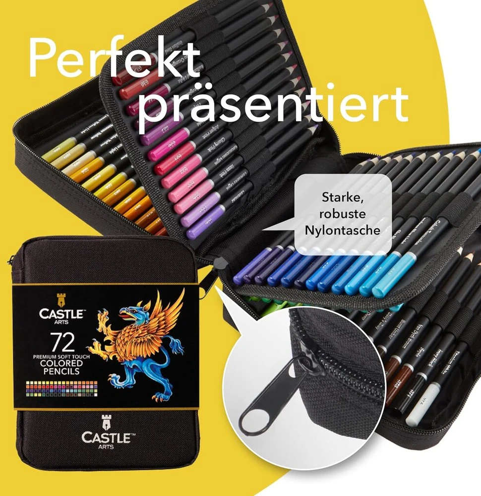 Castle Art Supplies 72 spalvų pieštukų rinkinys, aukštos kokybės spalvoti šerdelės su minkštu pagrindu patyrusiems menininkams, profesionalams ir spalvų menininkams, tvirtas užtrauktuku užsegamas dėklas