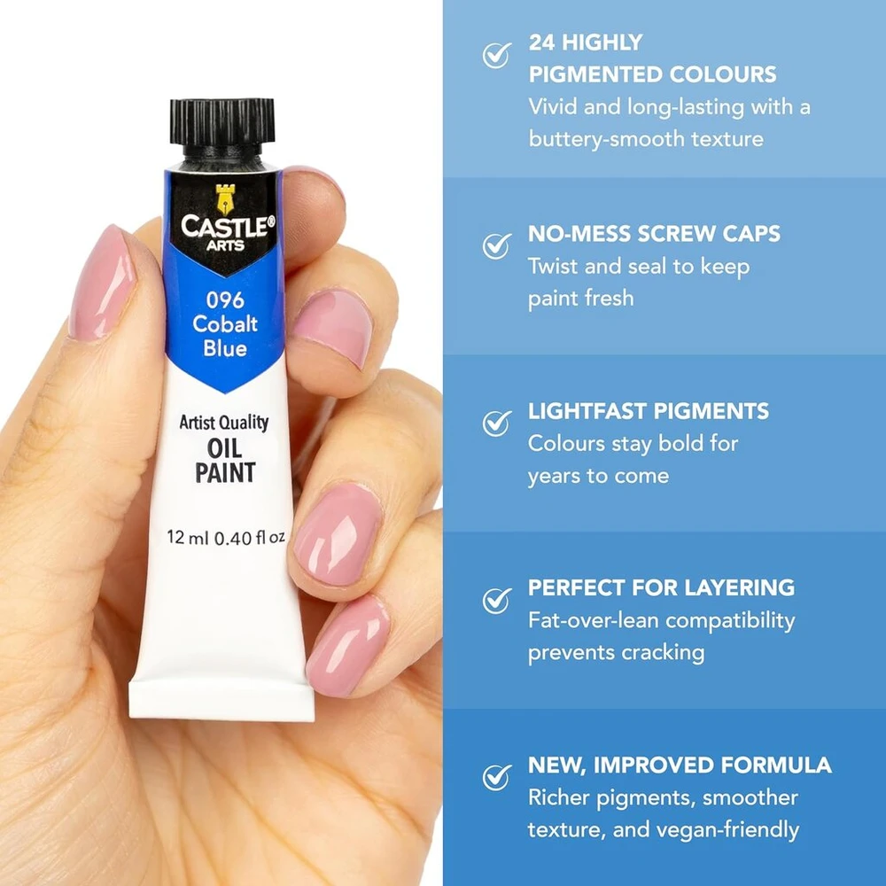 Castle Art Supplies aliejinių dažų rinkinys, patobulinta formulė, puikus rinkinys suaugusiems menininkams, pradedantiesiems ir pažengusiems, ryški glotnių aliejinių dažų įvairovė, 24 vnt.