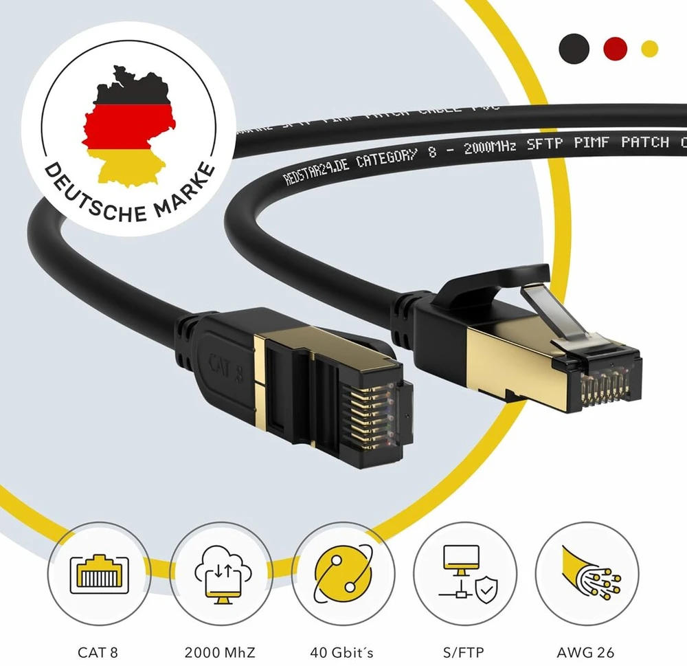 Cat 8 Ethernet kabelis 3m, 40 Gbps, 2000 Mhz, Rj45, juodas