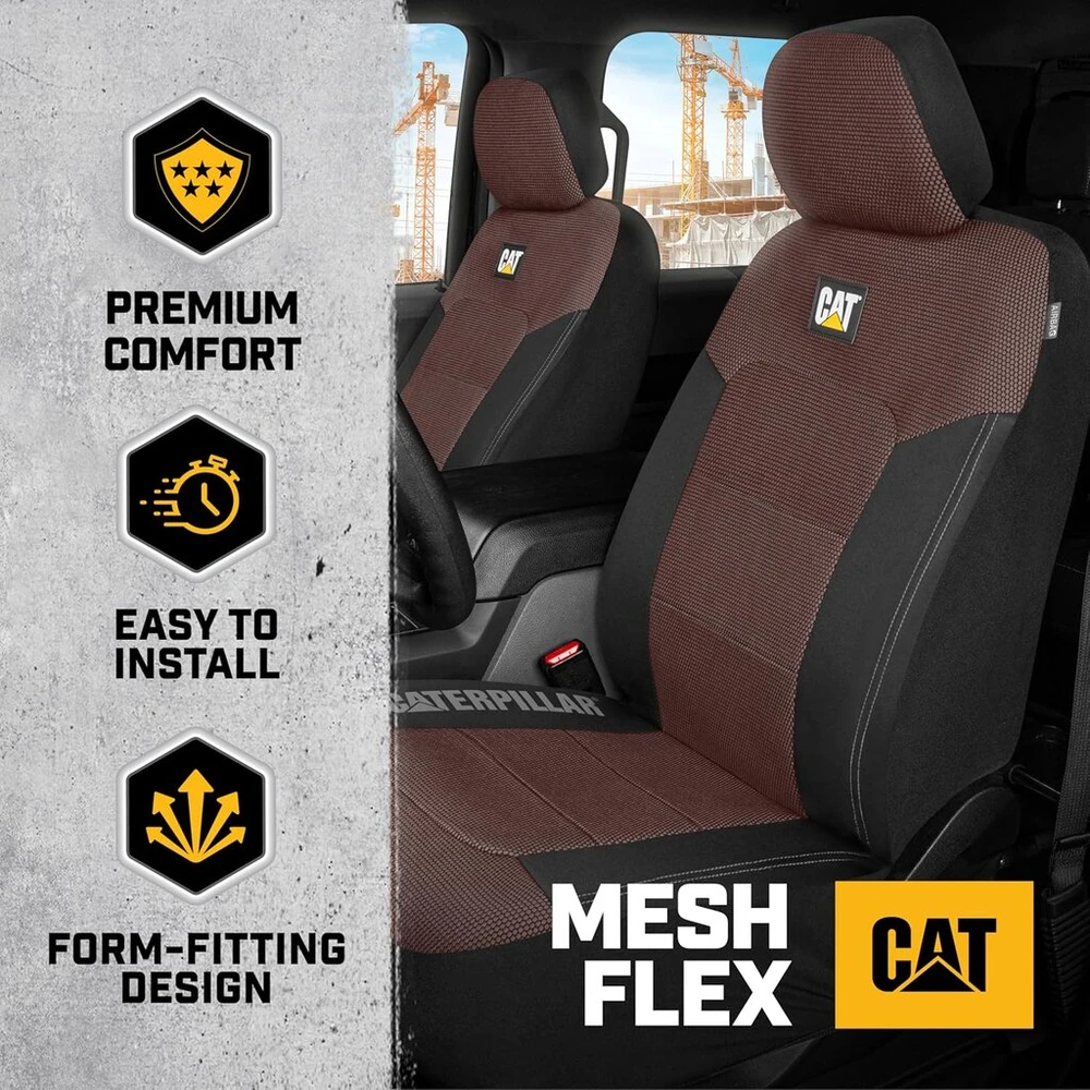 Cat Caterpillar Meshflex automobilinės sėdynių užvalkalai automobiliams, sunkvežimiams ir visureigiams (2 vnt. komplektas) - juodi/rudi automobilinių sėdynių užvalkalai priekinėms sėdynėms, sunkvežimių sėdynių apsaugos su patogiu tinkleliu nugaroje, autom