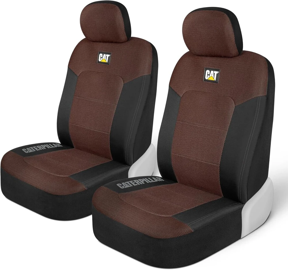 Cat Caterpillar Meshflex automobilinės sėdynių užvalkalai automobiliams, sunkvežimiams ir visureigiams (2 vnt. komplektas) - juodi/rudi automobilinių sėdynių užvalkalai priekinėms sėdynėms, sunkvežimių sėdynių apsaugos su patogiu tinkleliu nugaroje, autom
