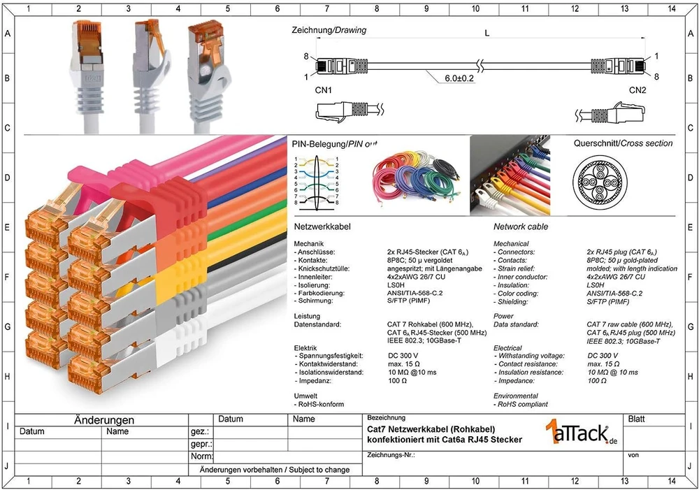 Cat.7 Ethernet tinklo kabelis 10 Gb/s Sftp Lszh su Rj45 jungtimi