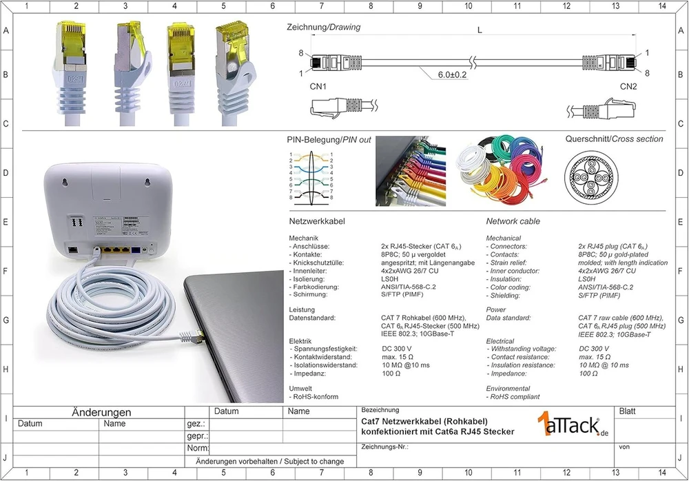 Cat.7 Ethernet tinklo kabelis su Rj45 jungtimis, 10 Gb/s, 1m
