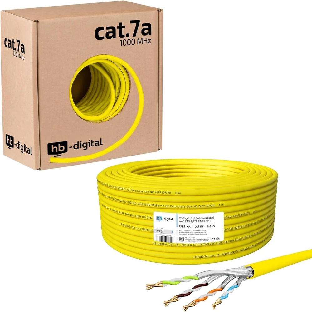 Cat.7a Lan instaliacijos kabelis, 50m, geltonas, 10gbps