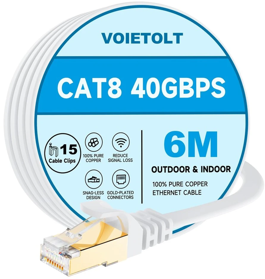 Cat8 Ethernet kabelis, 6m, plokščias, 40gbps/2000mhz, baltas