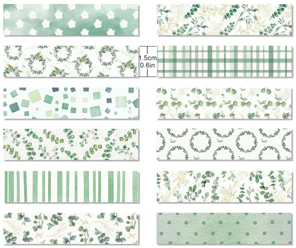 Cc home 12 rulonų washi juostos eucalyptus globulus rašto dekoratyvinė, 15 mm maskavimo juosta akvarelės estetikos dekoratyviniai lipdukai scrapbooking juosta amatų reikmenys "pasidaryk pats", amatams, dienoraščiui, albumams