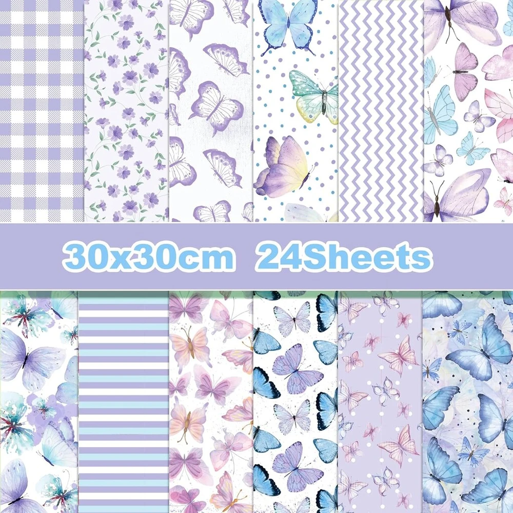 Cc home 24 lapų violetinės spalvos drugelio rašto scrapbooking popierius, 12 dizainų dvipusis 30 x 30 cm kvadratas, rankdarbiai ir dekoravimas