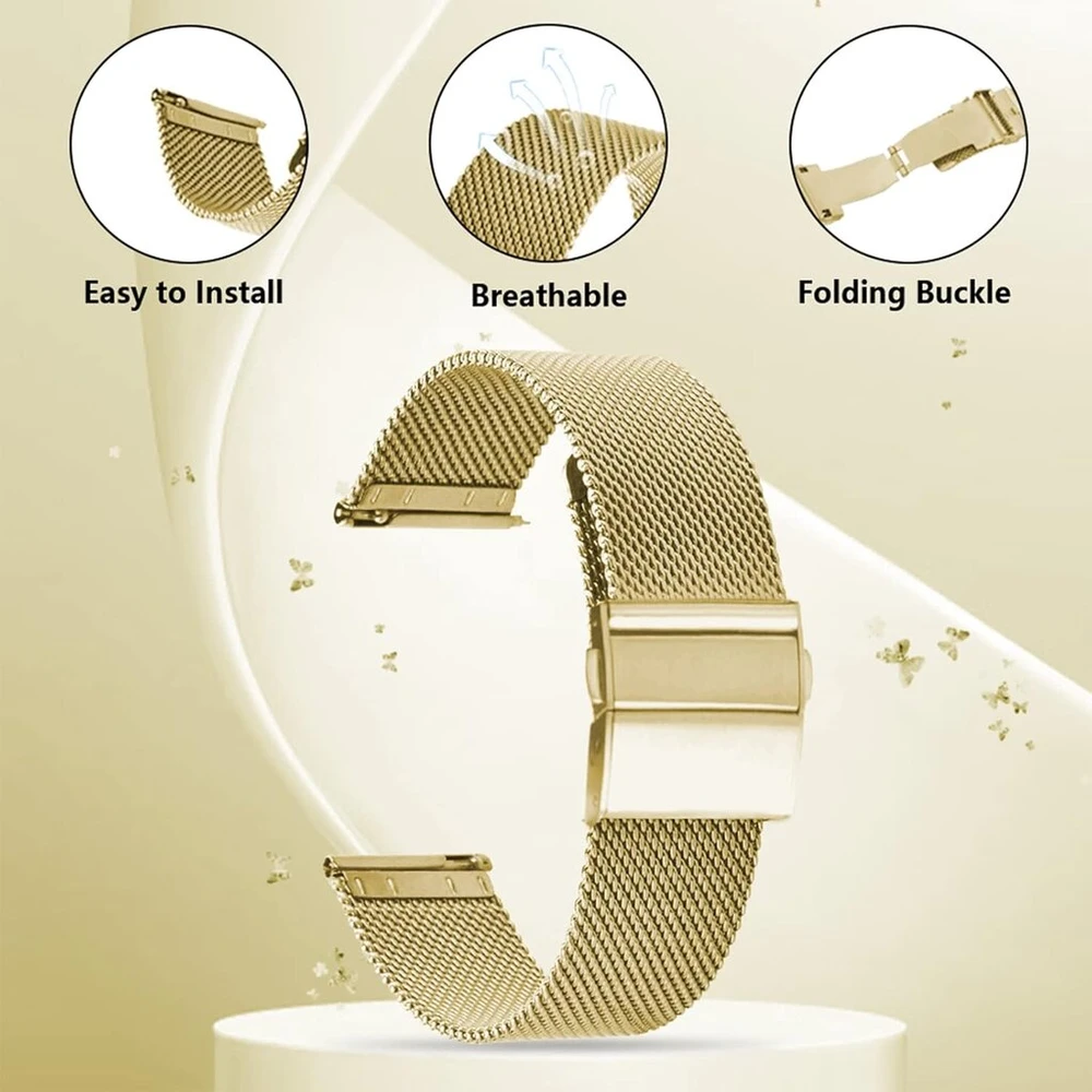 Laikrodis Ceiband apyrankė 22 mm 20 mm nerūdijančio plieno tinklelio laikrodžių dirželiams, metalinis pakaitinis dirželis su greitu atsegimu, tinkamas vyrams ir moterims - auksinė