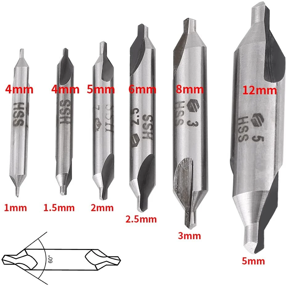 Centravimo grąžtų rinkinys 6 vnt. 1/1,5/2/2,5/3/5 mm 60 laipsnių greitapjovio plieno centravimo grąžtų rinkinys metalui