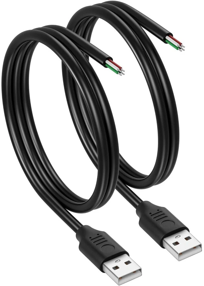 Cerrxian 2 vnt. trumpas 4 kontaktų tuščias Usb A male kabelis, 90 laipsnių 24awg Usb 2.0 male į pliką kabelį, atviro galo maitinimo ir duomenų pakeitimo remonto ilgintuvas, 0,5 m