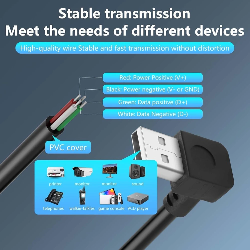 Cerrxian 2 vnt. trumpas 4 kontaktų tuščias Usb A Male kabelis, 90 laipsnių 24awg Usb 2.0 Male į Bare kabelis, atviro galo maitinimo ir duomenų pakeitimo remonto ilgintuvas, 0,5 m (žemyn)