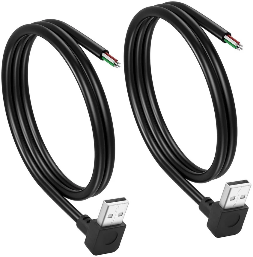Cerrxian 2 vnt. trumpas 4 kontaktų tuščias Usb A Male kabelis, 90 laipsnių 24awg Usb 2.0 Male į Bare kabelis, atviro galo maitinimo ir duomenų pakeitimo remonto ilgintuvas, 0,5 m (žemyn)