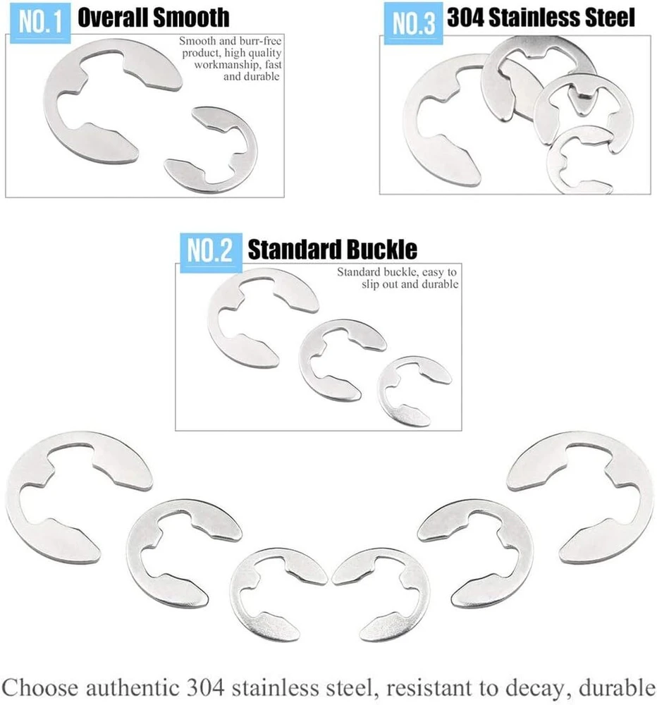 Cersaty® E-clip fiksavimo žiedų rinkinys 1.5/2/3/4/5/6/7/8/9/10 mm, fiksavimo poveržlių asortimentas guolių ir skriemulių tvirtinimui, 200 vnt.