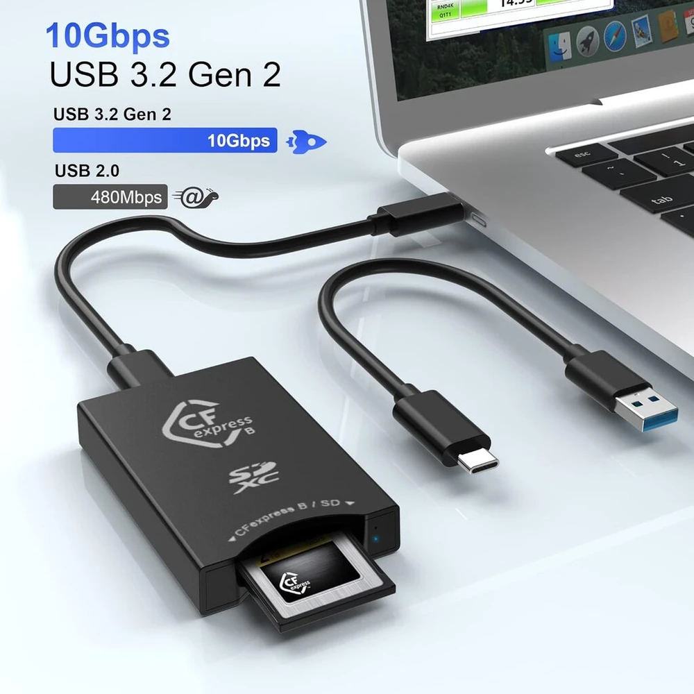 Cfexpress/sd kortelių skaitytuvas Usb C, dviejų lizdų Usb 3.2 (10 Gbps) Cfexpress Type B kortelių skaitytuvo adapteris, suderinamas su Android/windows/mac Os/linux, su Usb C į Usb C/usb A laidu