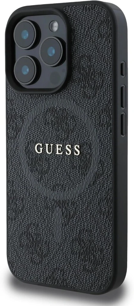 Cg mobile guess hc telefono dėklas, skirtas iphone 16 pro max, patvarus, atsparus smūgiams, suderinamas su magsafe, pu 4g ring classic logo dėklas, juodas
