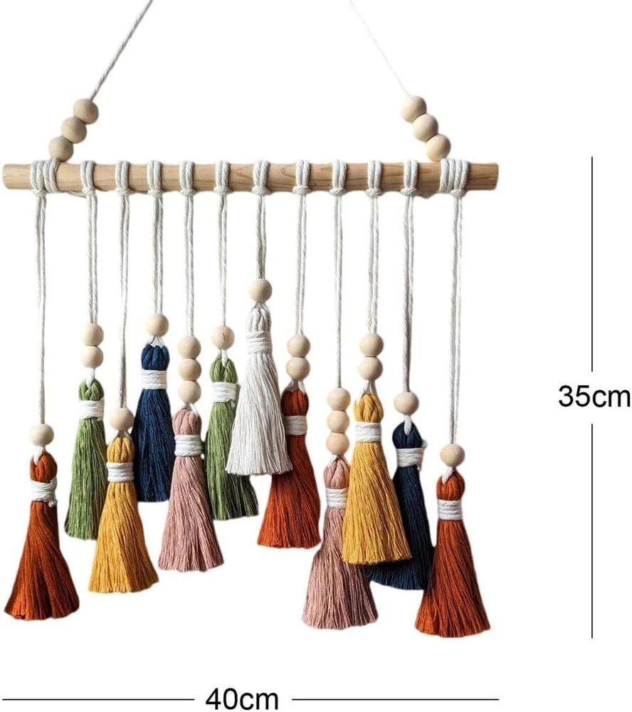 Champracer macrame sienos dekoracija, boho dekoratyvinis macrame gobelenas, spalvotas austas sienos gobelenas su mediniais karoliukais, stilingas gobelenas, kutų girlianda miegamajam, svetainei, vaikų kambariui