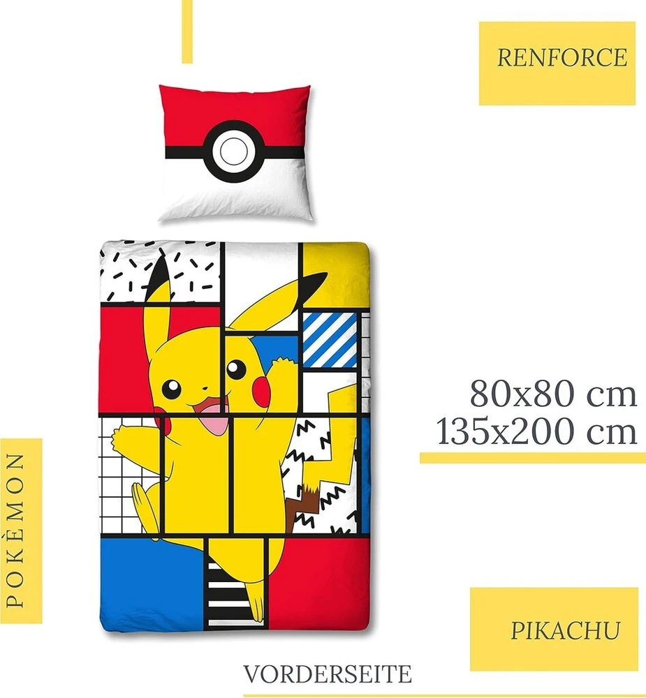 Character World Pokemon Pikachu patalynės komplektas 135 x 200 cm + 80 x 80 cm, vokiškas dydis, 100% medvilnė, 2 dalių, paaugliams ir vaikams