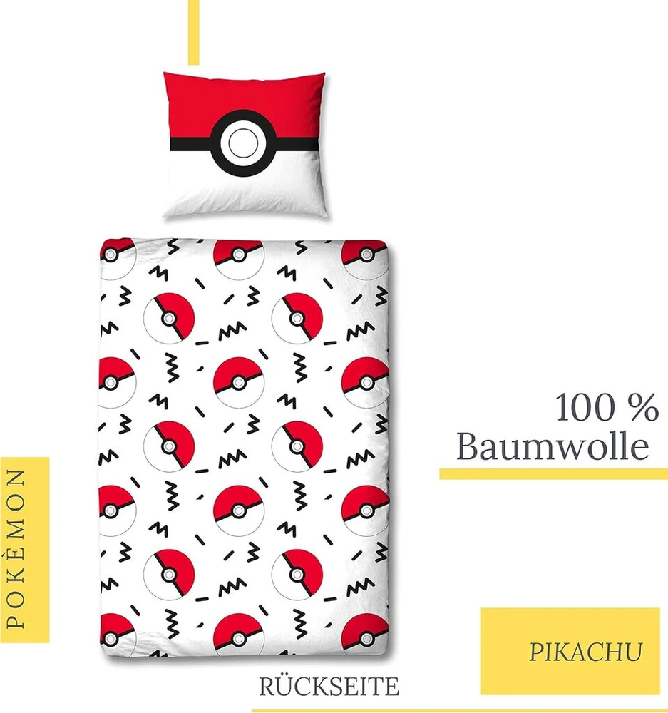 Character World Pokemon Pikachu patalynės komplektas 135 x 200 cm + 80 x 80 cm, vokiškas dydis, 100% medvilnė, 2 dalių, paaugliams ir vaikams