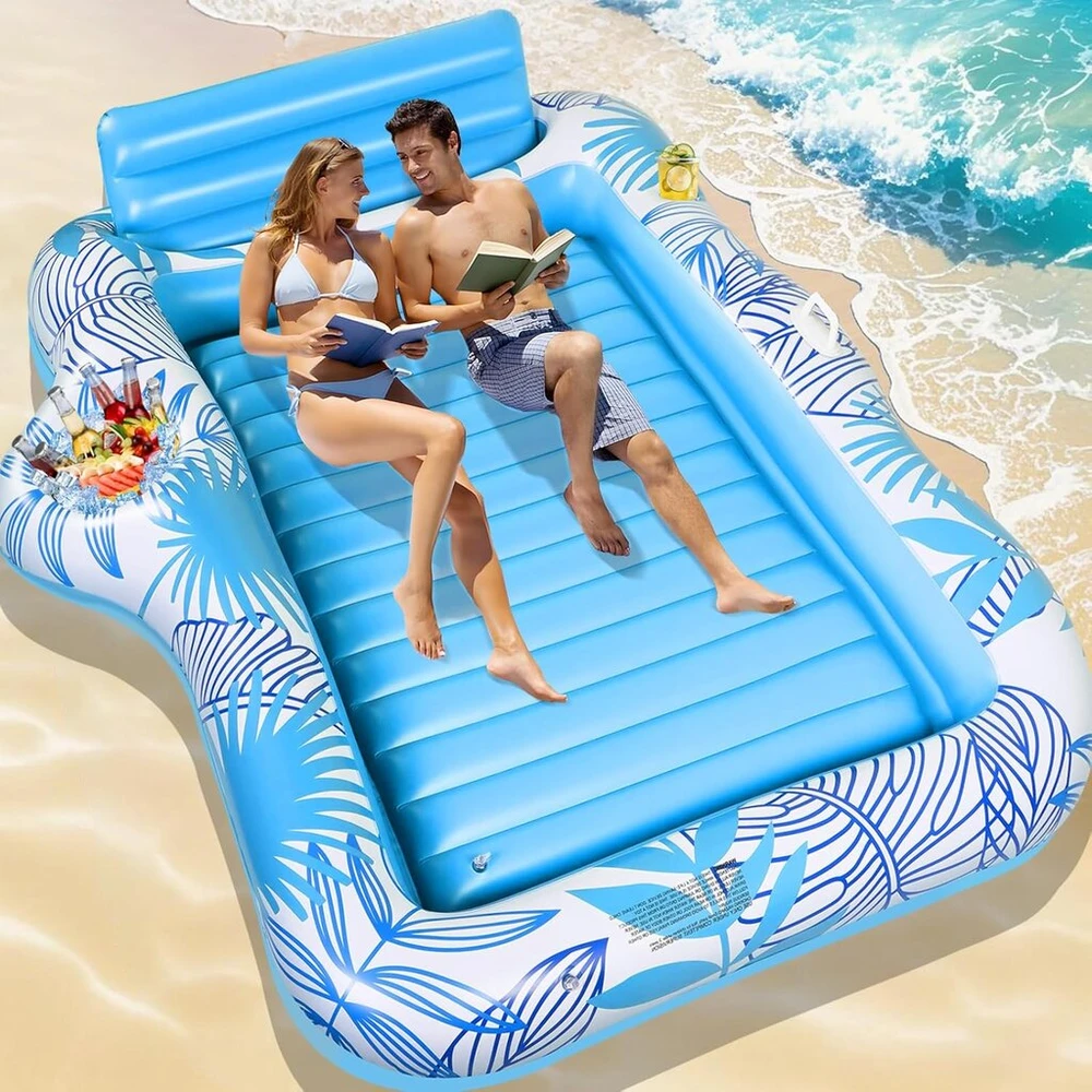 Charmofun didelis deginimosi baseino oro čiužinys, 210 x 155 cm, dvigulis deluxe pripučiamas saulės baseinas su galvos atrama, gėrimų laikikliu ir ledo baru, oro čiužinys vandenyje suaugusiems, baseinui, paplūdimiui, vasaros pramogoms (mėlynas)